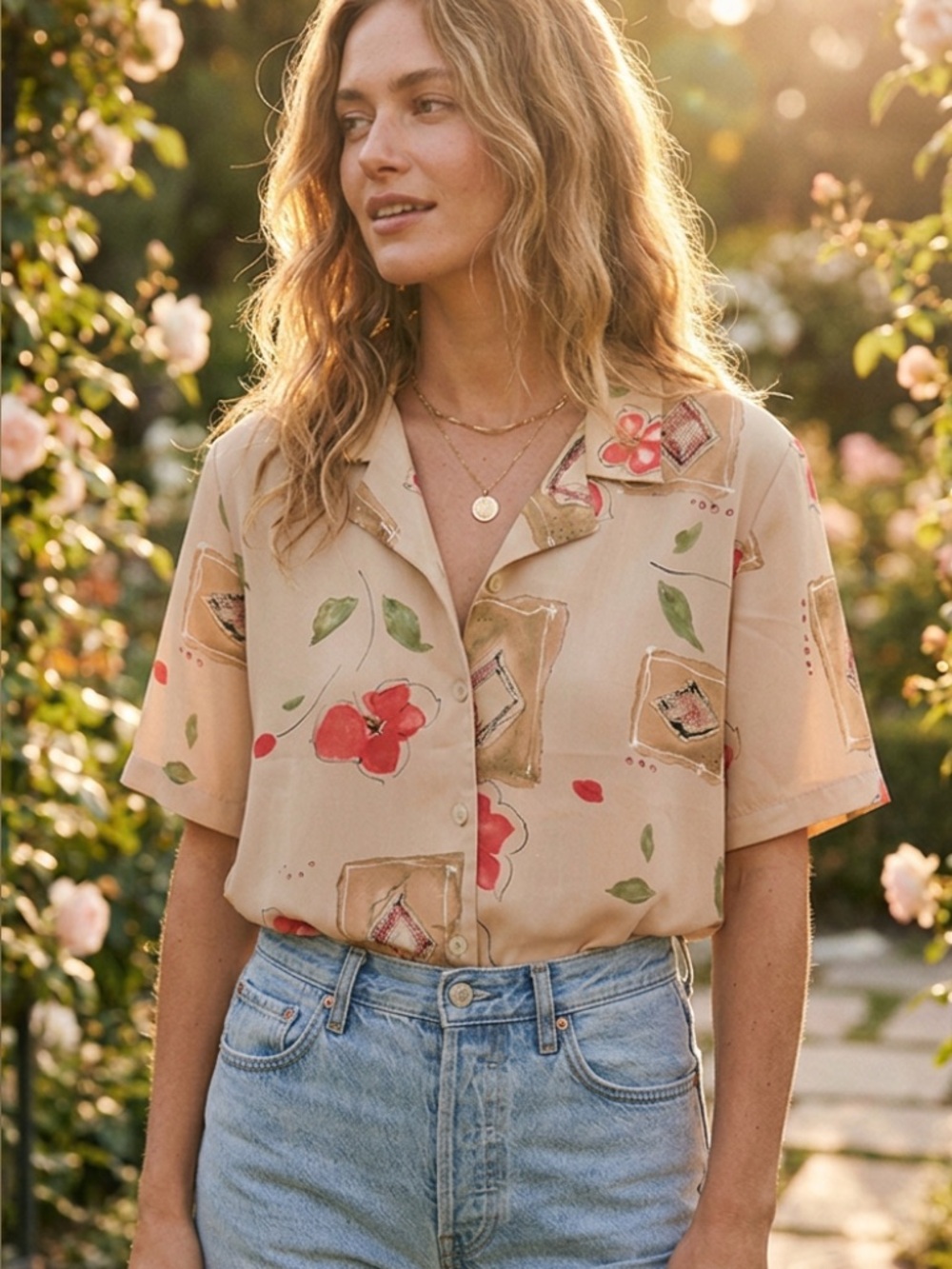 Patchington Retro Camp Collar Vintage Earth Tone Short Sleeve Button up Shirt